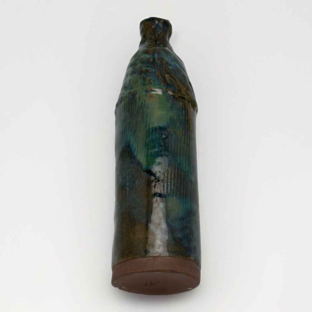 Studio Pottery Vase Signed TK 9" Blue Green Drip Glaze Bottle Form Art Pottery
